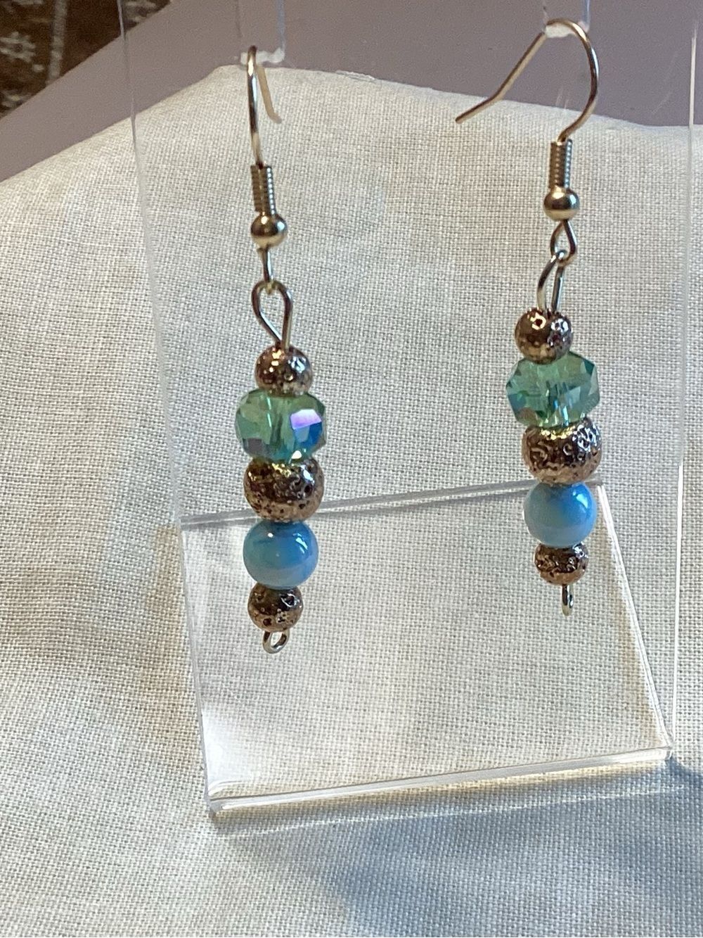 Gold Tone Fish Hook Blue-Green Crystaland Faux Pearl Drop Earrings
